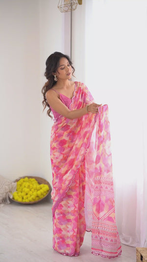 Pink Georgette Saree Featuring Digital Print & Mirror Embroidery Border