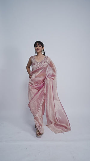 Elegant Pink Kanjivaram Silk Saree Adorned With Stone Work & Cut Dana Detailing