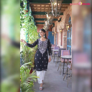 Black Embroidered Georgette Straight Kurti
