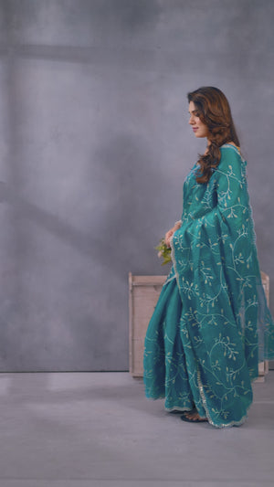 Teal Jimmy Choo Chiffon Saree Adorned with Delicate Floral Sequins Embroidery