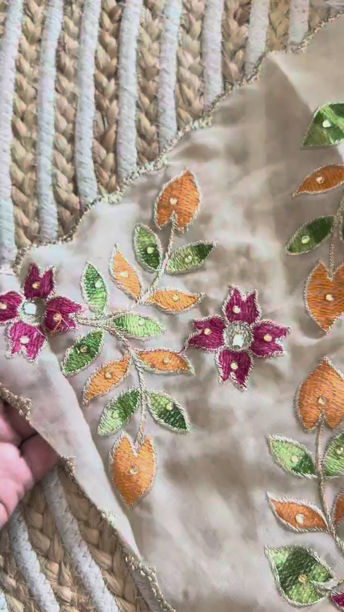 Peachmode Beige Georgette Saree with multi-color floral embroidery - Video