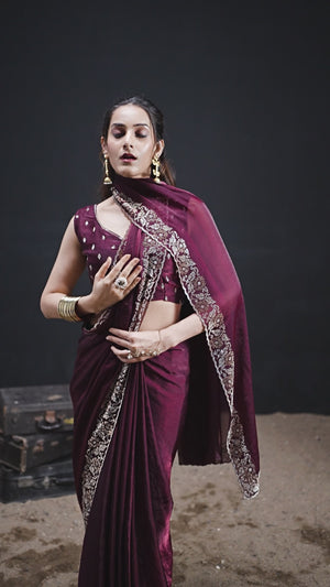 Luxurious Maroon Solid Satin Silk Saree Adorned With Floral Stone Work Border