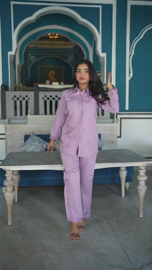 Mauve Floral Hand Work Embroidered Chanderi Co-Ord Set