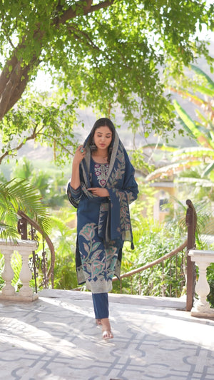 Traditional Morpich Blue Hand Embroidered Chanderi Silk Suit