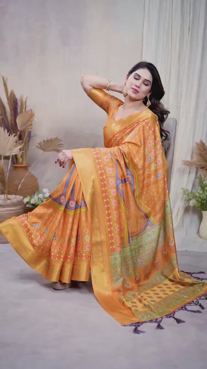 Peachmode Mustard Cotton Silk Bandhej Print Saree with Zari Border - Video 2