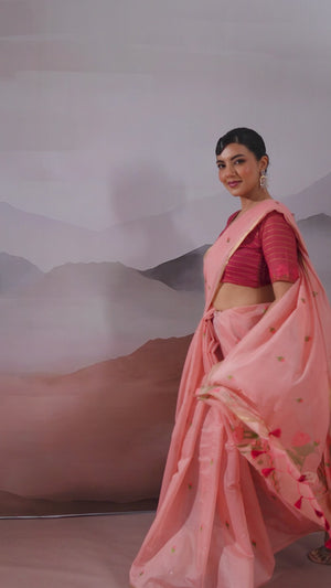 Trendy Peach Cotton Blend Weaving Saree Showcasing Floral & Animal Motif & Classic Tassel Pallu