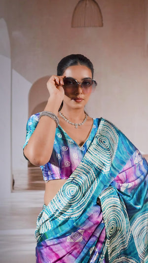 Luxury Blue Abstract Prism Print Modal Satin Saree Featuring Artistic Work