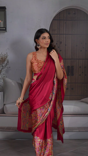 Classic Maroon Solid Modal Satin Saree With Multicolor Traditional Folk Art Printed Border & Pallu