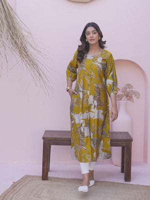 Mustard Floral Printed A-Line Kurti in Pure Cotton Fabric