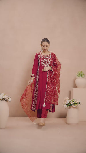 Maroon Silk Blend Anarkali Suit With Floral Sequins Embroidery