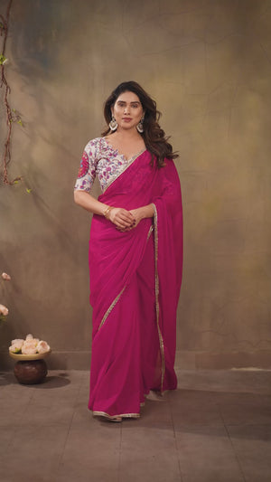 Pink Solid Sparkling Georgette Saree Enhanced With Shimmering Mirror Border