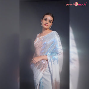 White & Sky Blue Sequins Embroidered Georgette Saree