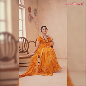 Mustard Bandhani Printed Chiffon Saree