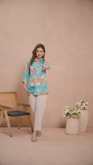 Turquoise Collar Neck Top in Lightweight Muslin with Delicate Floral Prints