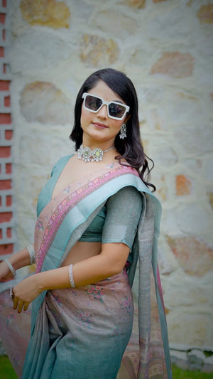 Beautiful Beige & Mint Green Tissue Handloom Saree with Detailed Digital Floral Embellishments