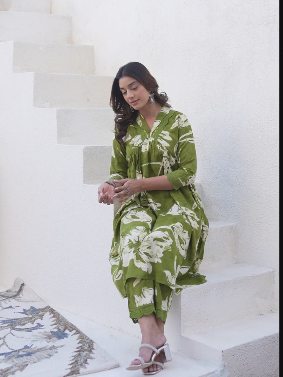 Flourishing Print Green Rayon A-Line Co-Ord Set