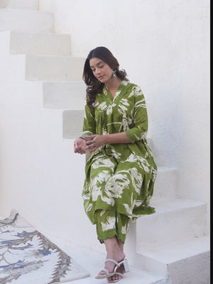 Flourishing Print Green Rayon A-Line Co-Ord Set