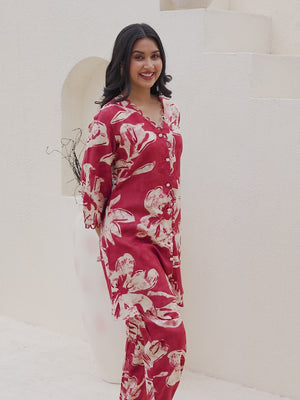 Cherry Red Rayon Co-Ord Set with Straight Cut and Feminine Floral Designs