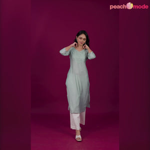 Mint Green Yoke Embroidered Viscose Straight Kurti