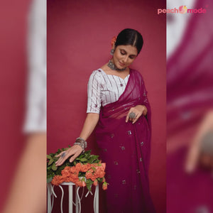 Wine Sequins Embroidered Georgette Saree