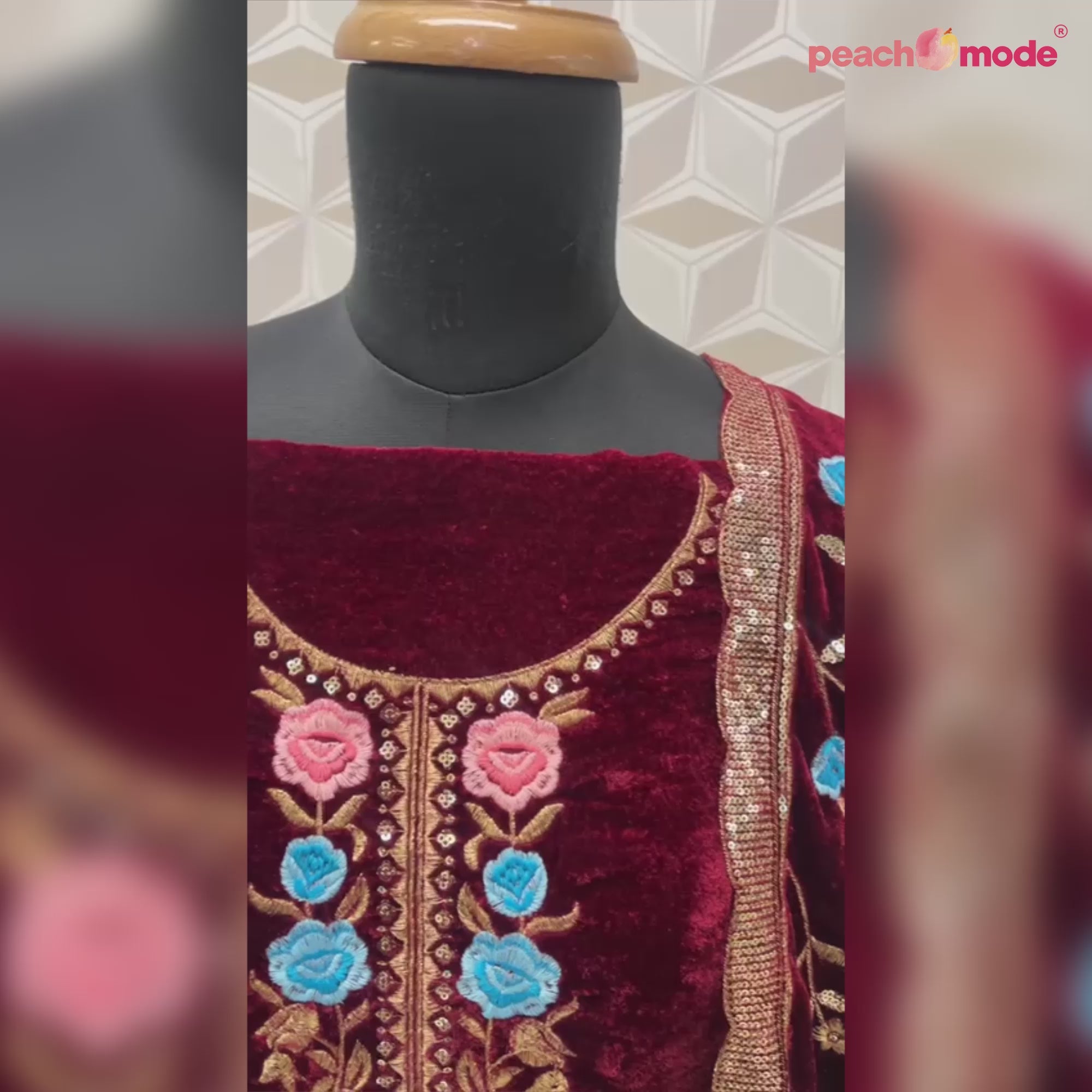 Maroon Floral Embroidered Velvet Semi Stitched Suit