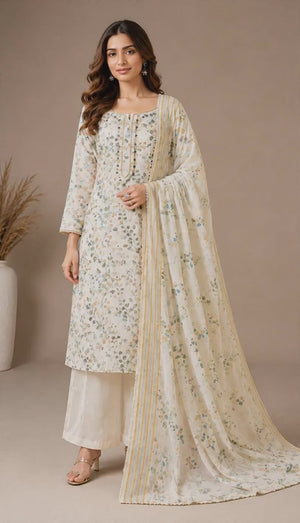 Cream Floral Printed Linen Dress Material