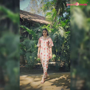 Off White & Peach Floral Foil Printed Chanderi Silk Co Ord Set