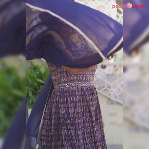 Blue Printed Dola Silk Anarkali Style Gown With Mirror Work