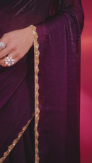 Party Wear Wine Chiffon Solid Saree with Delicate Border Embellishment