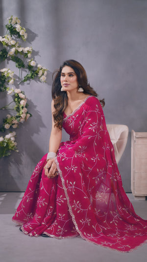 Pink Jimmy Choo Chiffon Saree Adorned with Delicate Floral Sequins Embroidery