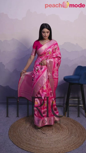 Pink Digital Printed Dola Silk Saree With Exquisite Weaving Zari Border & Opulent Pallu
