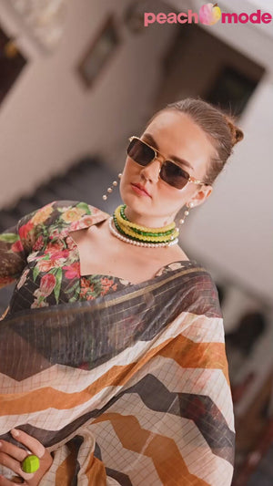 Black & Green Woven Cotton Silk Saree With A Zig-Zag Pattern