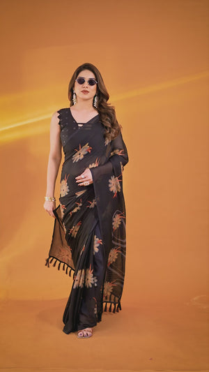 Black Printed Saree with Zari Woven Charm in Satin Fabric