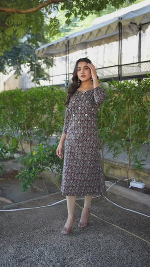 Black Floral Printed Pure Cotton Straight Kurti