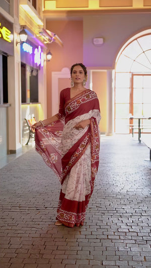 Blossom Pink Batik Traditional Print Printed Pure Mulmul Cotton Saree