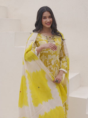Traditional Printed Mustard Anarkali Salwar Suit with Delicate Embroidery in Cotton Fabric