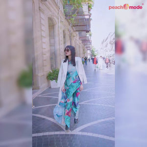 Turquoise Digital Printed Satin Saree