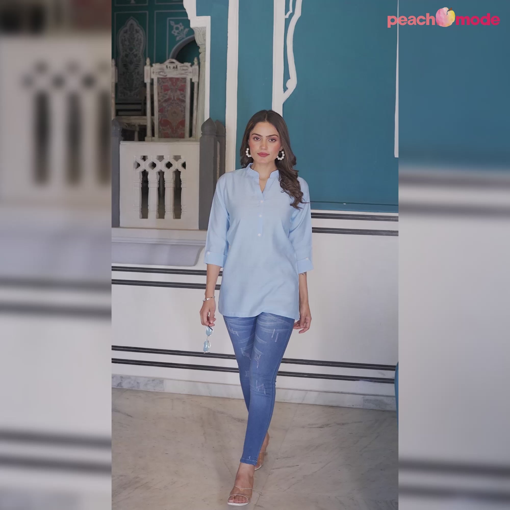 Sky Blue Solid Cotton Silk Straight Top
