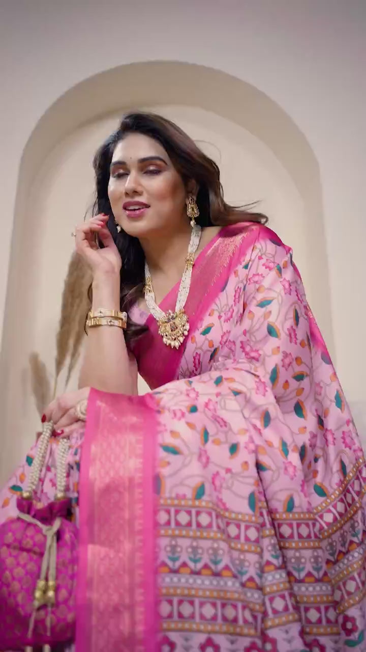 Peachmode Pink Cotton Silk Kalamkari Print Saree with Zari Border - Video 2