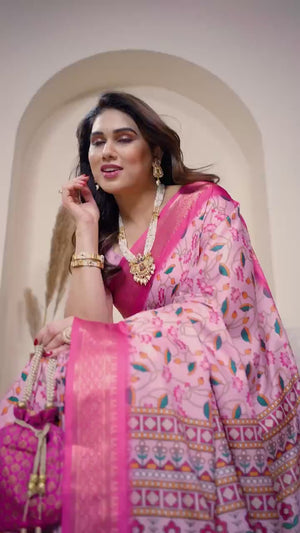 Peachmode Pink Cotton Silk Kalamkari Print Saree with Zari Border - Video 2