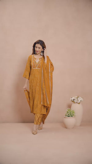 Mustard Bandhani Chanderi Silk Salwar Suit With Embroidered Neckline
