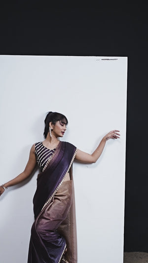 Stunning Purple & Brown Satin Silk Ombre Saree Adorned With Sparkling Stone Work Border