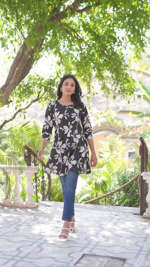 Black Floral Printed Pure Cotton A-Line Top