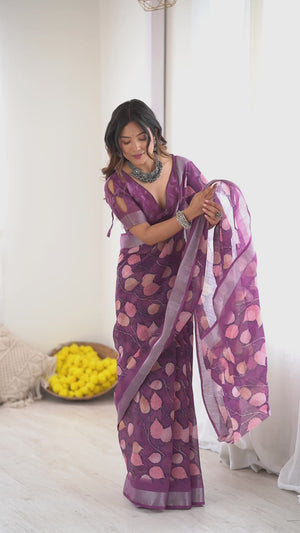 Purple Linen Saree With Graceful All Over Leaf Pattern