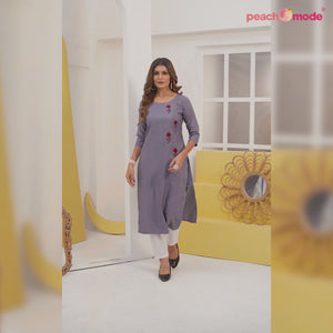 Grey Floral Embroidered Art Silk Kurti