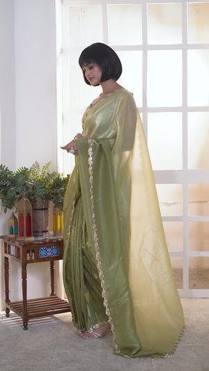 Elegant Olive Pure Silk Saree Enhanced With Premium Zarkan Cutwork Embellishment