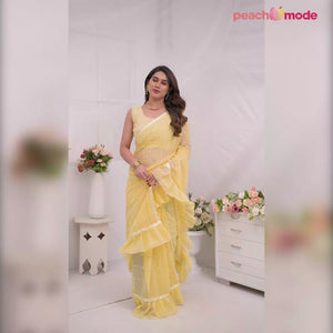 Yellow Embroidered Georgette Ruffle Saree