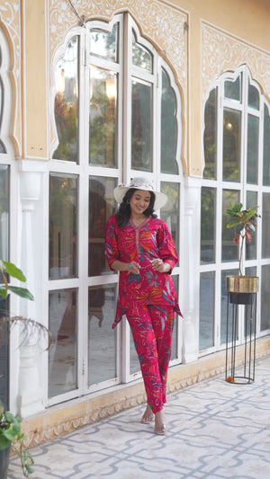 Pink Floral Printed Rayon A-Line Co-Ord Set