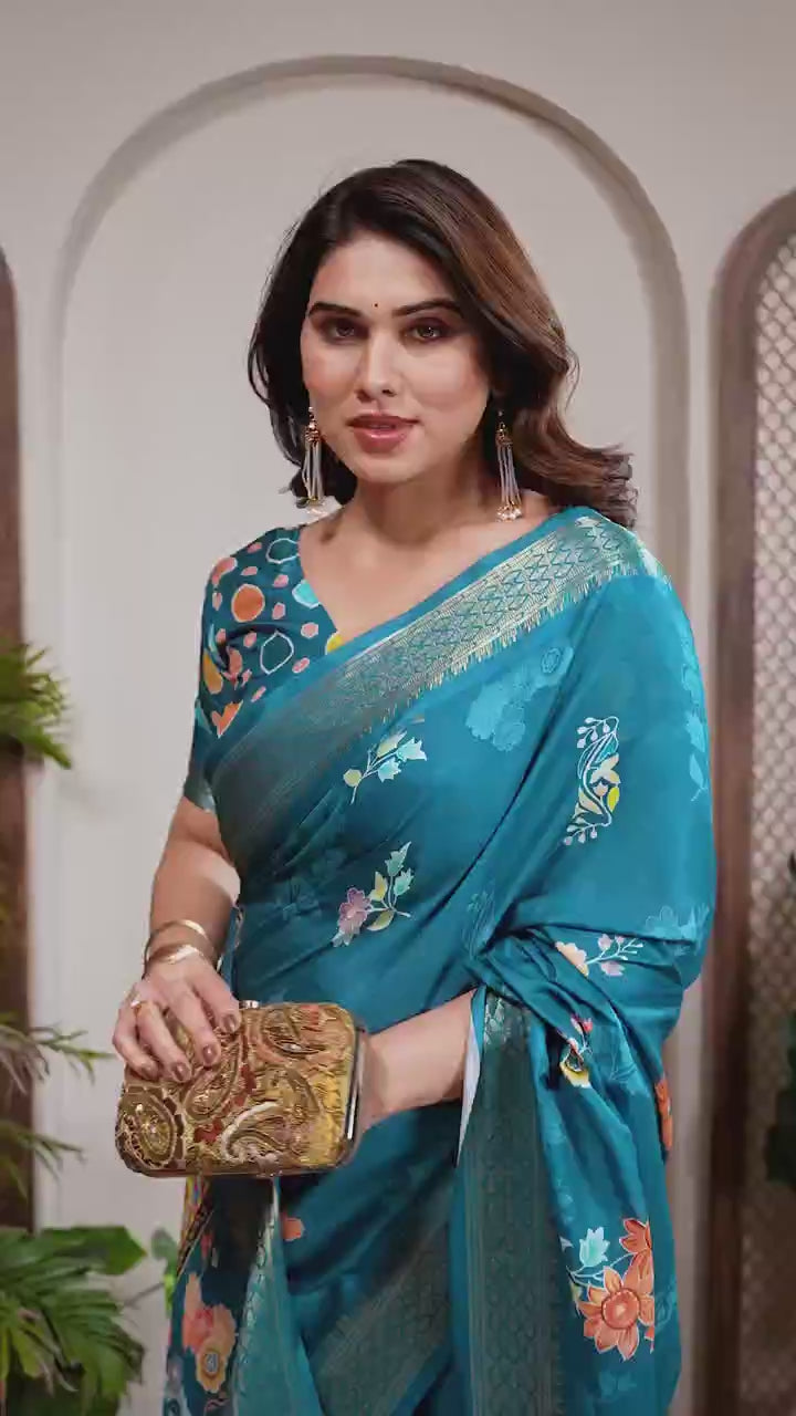 Peachmode Rama Blue Cotton Silk Floral Print Saree with Zari Border - Video 3