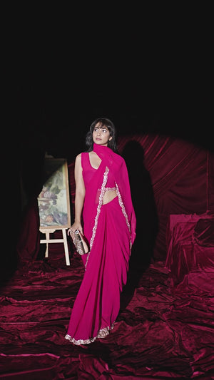 Glamorous Pink Solid Georgette Saree Featuring Embellished Stone Border Work